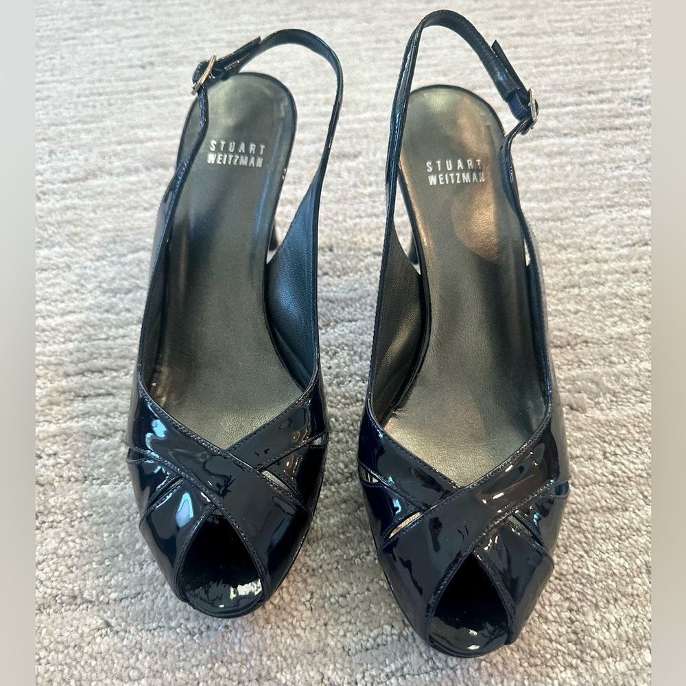 Stuart Weitzman Peekapoo black patent leather slingback shoe size 9